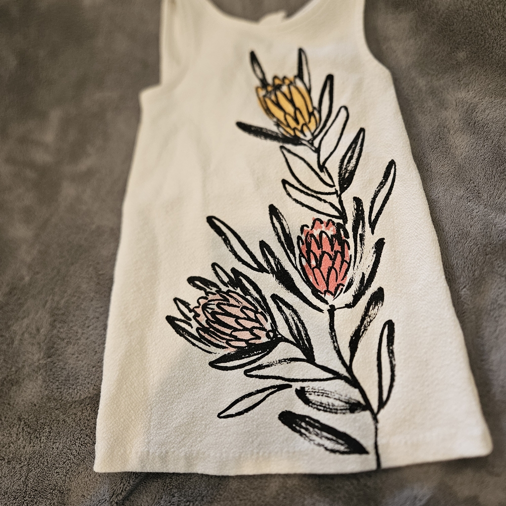 Girls' White Floral Sleeveles Dress with Sketchbook Pink & Yellow Blooms